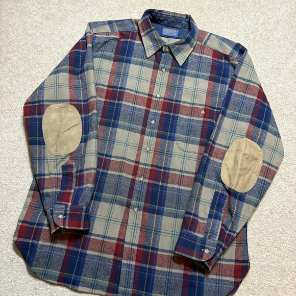 Vtg Pendleton Shirt Mens XL Multicolor Plaid Wool Flannel Elbow Patch Lined USA